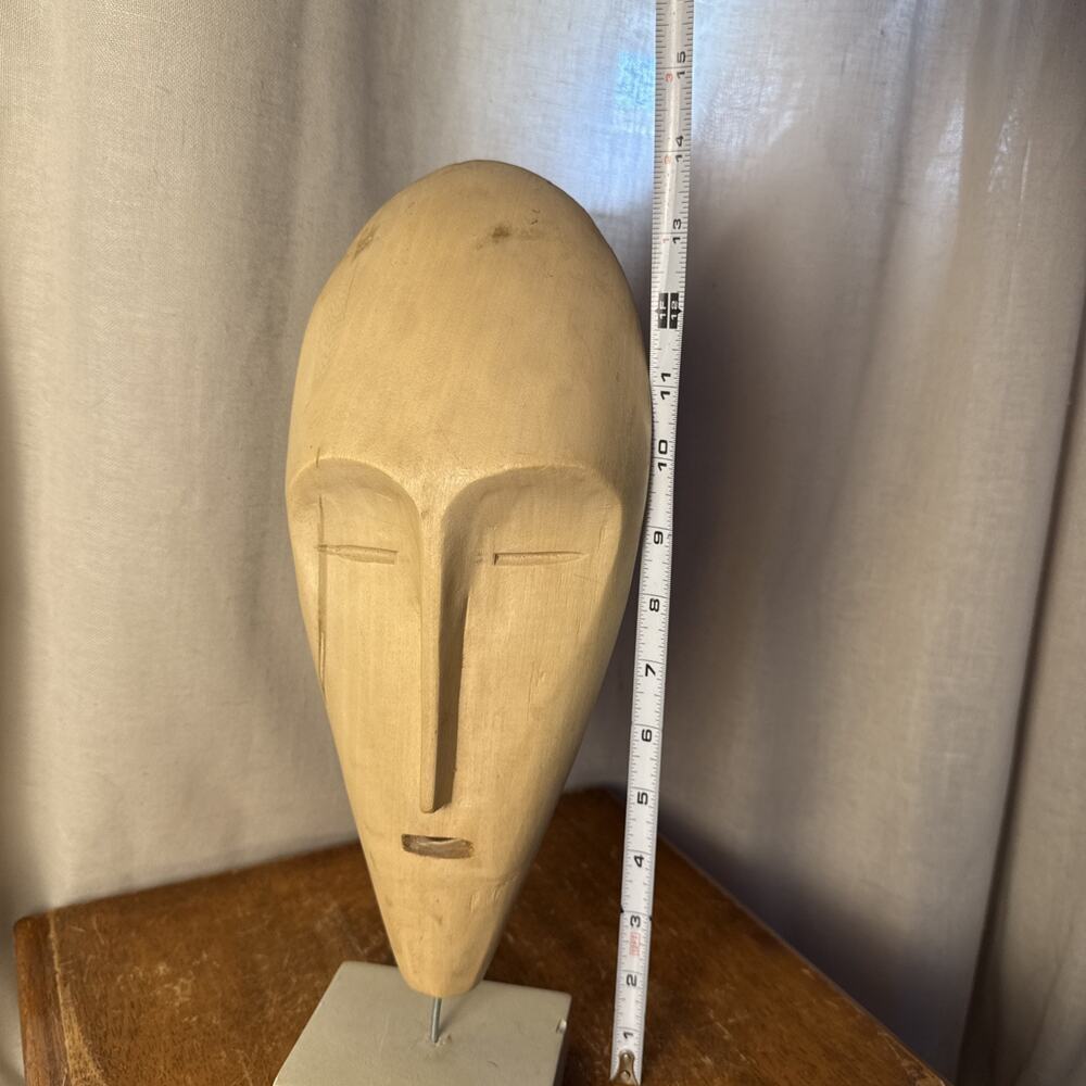 Vtg Hand Carved Wood Mask Head Mask Decor Stone Stand Art Sculpture Statue 14” - Picture 13 of 16
